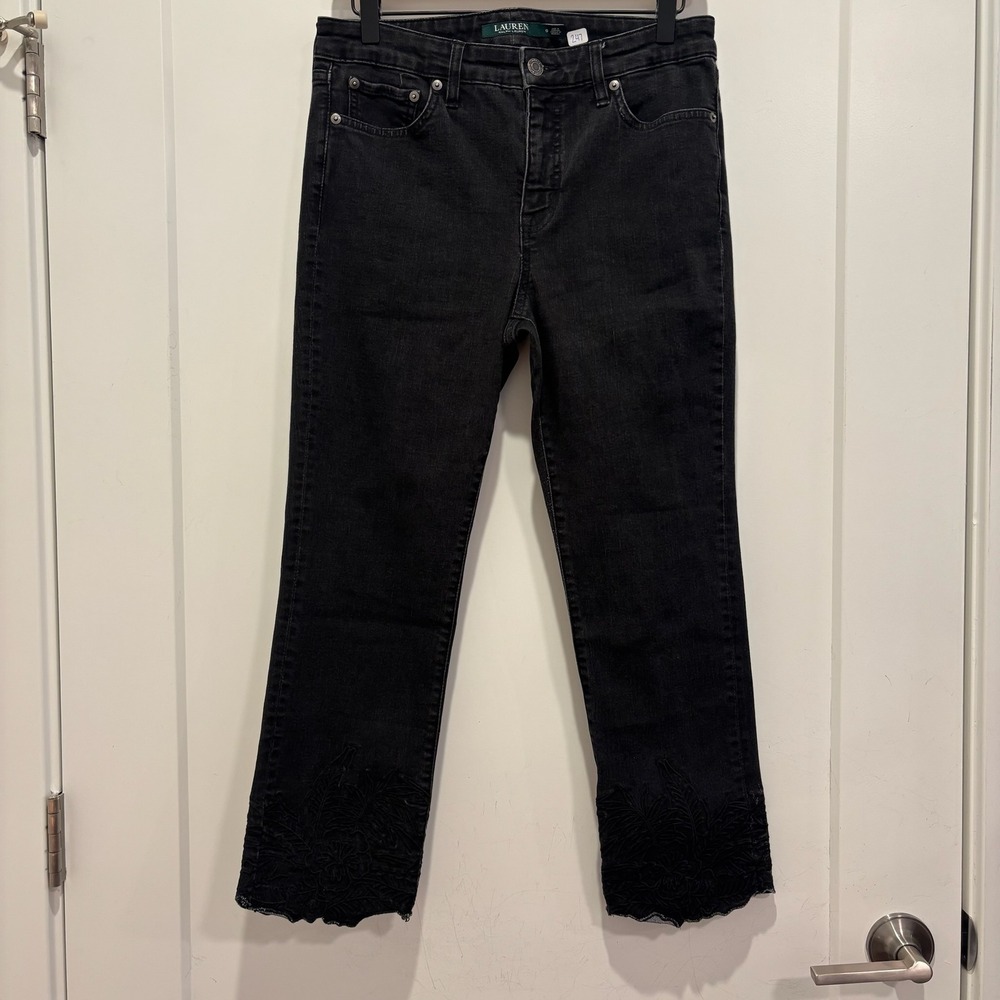 Lauren Ralph Lauren Black Embroidered Hem Straight Leg Jeans Women 6
